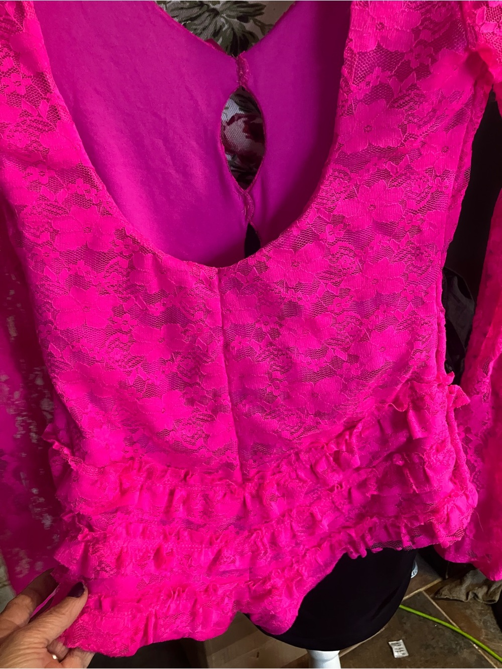 Temptations Hot Pink Lace Ruffle Bodysuit